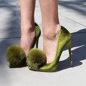 FSJ Olive Velvet Pom Pom Pointed Toe Stiletto Heel Pumps for Women